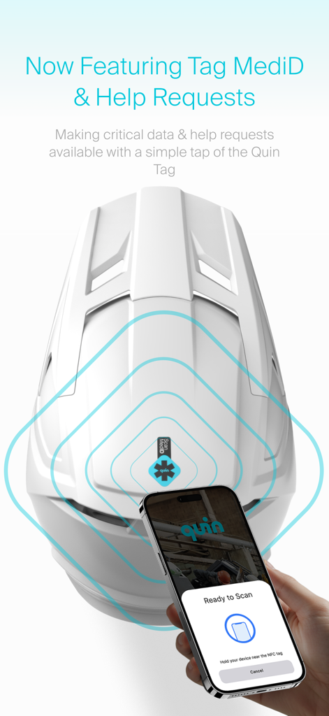 Quin Within - A smartphone scanning the NFC Quin Tag on a white helmet to access medical ID and emergency help requests.