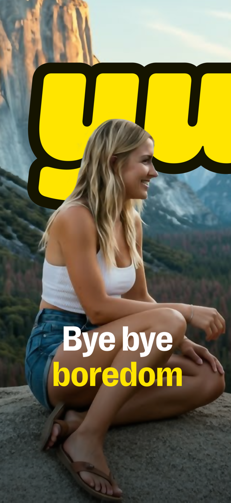 Yubo 로고와 함께 '지루함은 안녕'이라는 텍스트가 적힌, 산 전망대에 앉아 있는 젊은 여성 이미지