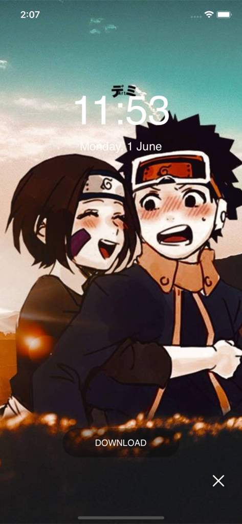 Anime live wallpaper preview of Naruto characters on an iPhone lock screen