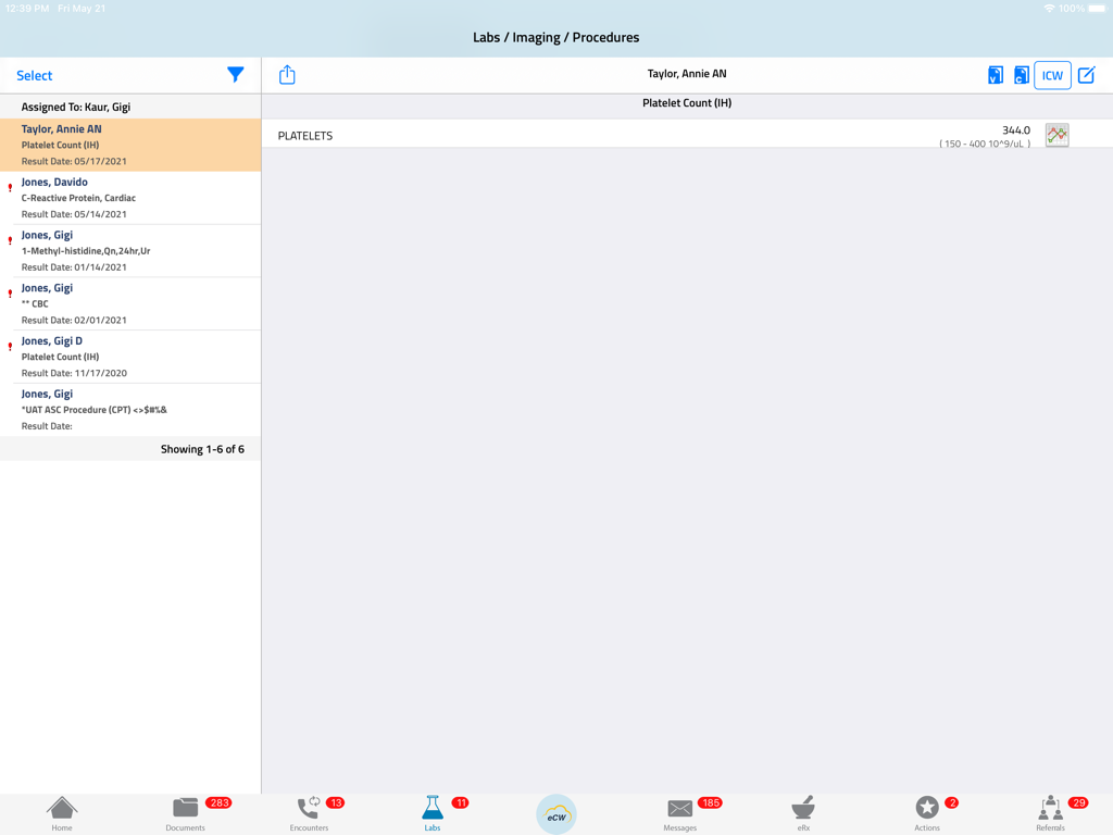 eClinicalTouch 3.9のインターフェイスに、医療専門家向けの患者検査結果、画像検査、処置が表示されています。