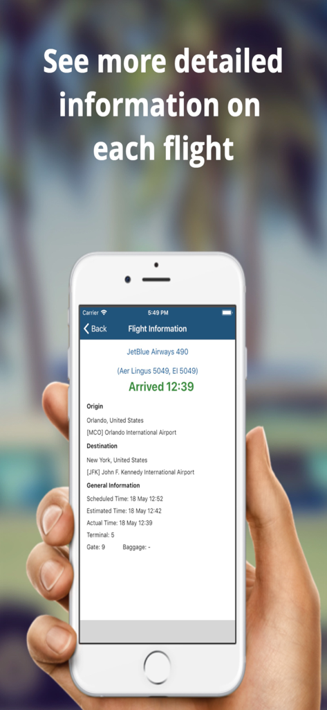 Screenshot der mobilen App, der detaillierte Ankunftsinformationen einschließlich Terminal, Gate und Status für einen Flug zum Flughafen JFK zeigt