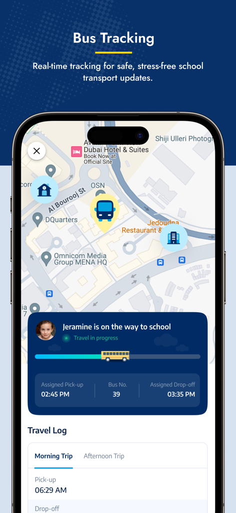 Interface of GEMS Connect app showing real-time school bus tracking on a map with student travel updates