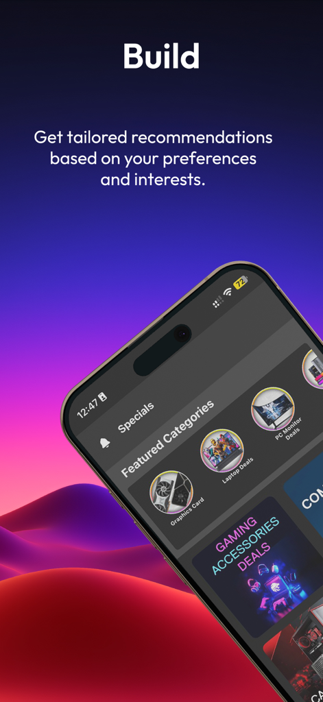 Evetech - Evetech app interface featuring tailored PC build recommendations and gaming tech deals