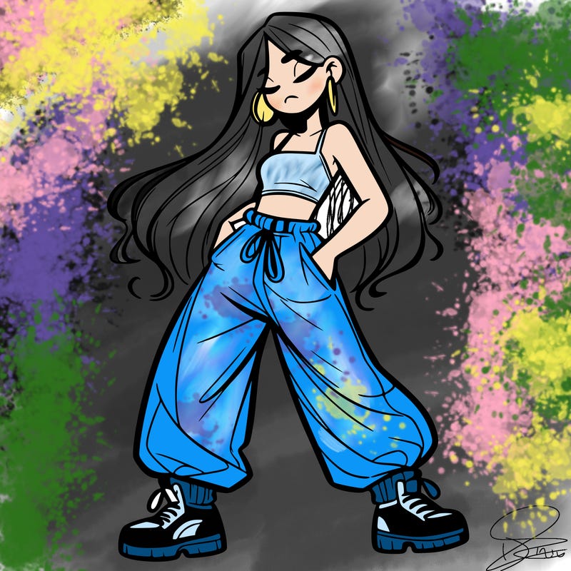 girl in baggy pants crop top and long hair