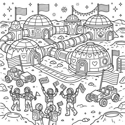 Embark on an out-of-this-world coloring journey with this unique Lunar Colonies Pride coloring page. Join celebrating astronauts amidst futuristic moon bases adorned with symbols of love and diversity.