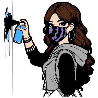 realistic girl with mask spray painting a wall