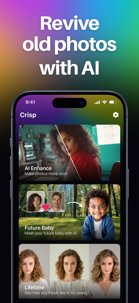 Crisp - AI Photo Enhancer - Screenshot of Crisp AI app interface showing photo enhancement, future baby prediction, and face aging features