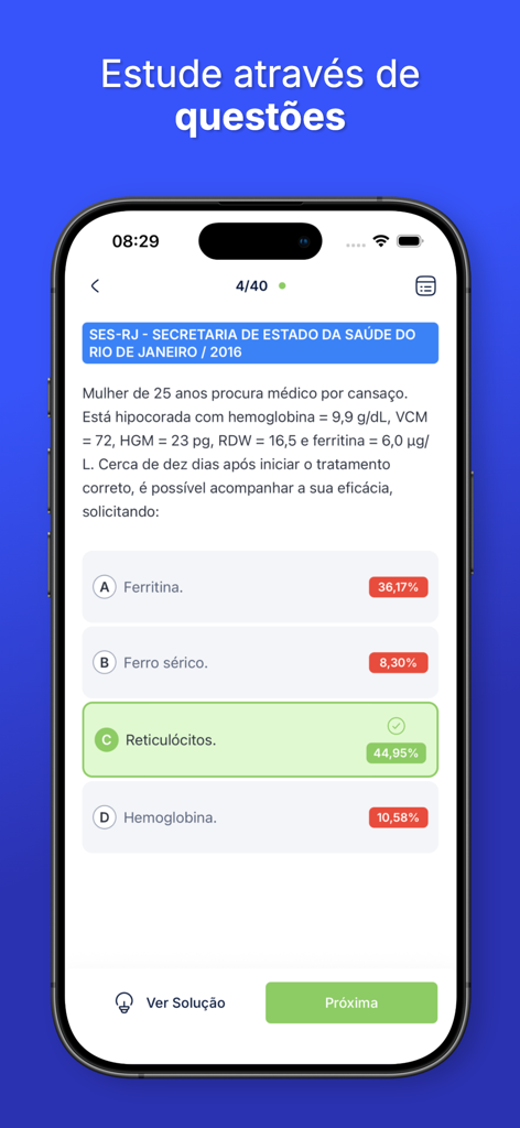 A medical practice question screen in the MEDsimple app showing a clinical case and multiple choice answers with user percentage data.