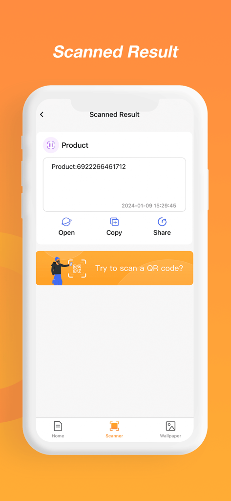 Mobile app interface displaying a scanned product barcode result with options to open copy or share