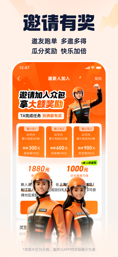 A screen from the Fengniao Crowdsourcing app detailing the referral reward program for inviting new delivery drivers