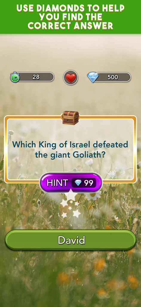 Daily Bible Trivia: Quiz Games - Daily Bible Trivia game interface showing a question about King David and a hint button.