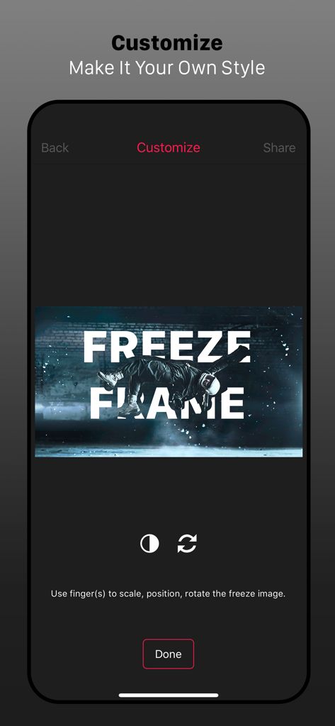 Editing interface for customizing a freeze frame effect on a skater video