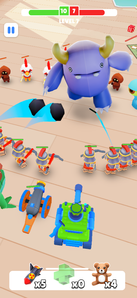 Toy army units including a tank and soldiers attacking a large purple monster boss in TOYS Rumble