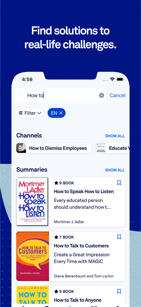 Pantalla de resultados de búsqueda en la aplicación getAbstract que muestra varios resúmenes de libros para el desarrollo profesional