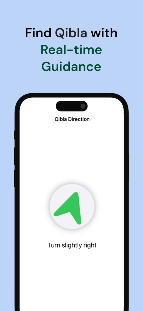 Qibla Finder - Qibla Finder app interface on a smartphone showing a direction arrow and real time turn instructions