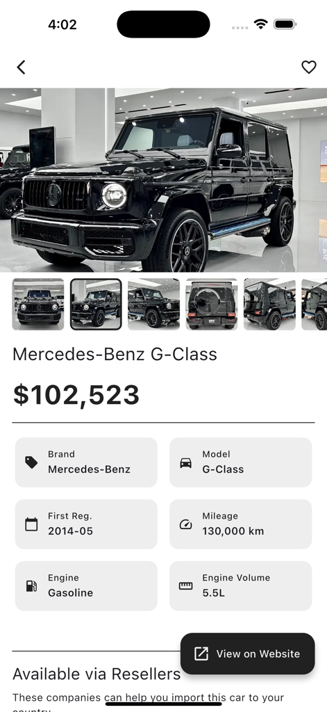 価格と車両の詳細が表示されたメルセデス・ベンツGクラスのリストページ。