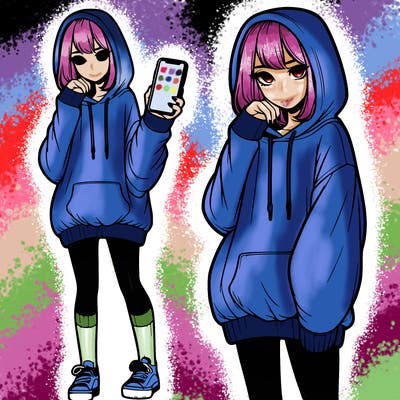 realistic girl who looks tired and is wearing an oversized hoodie and knee high socks and is holding a phone