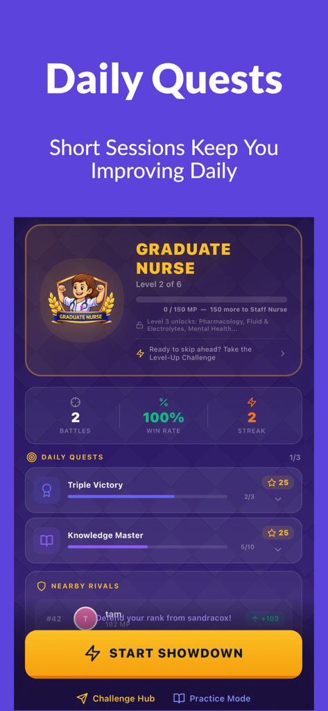 NCLEX Showdown - Daily Quests screen in the NCLEX Showdown app showing student rank and progress