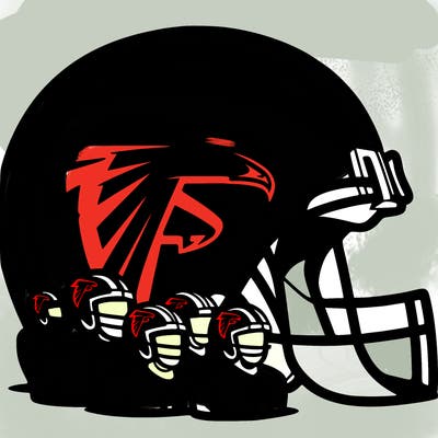 altanta falcons helmet with players in front of it