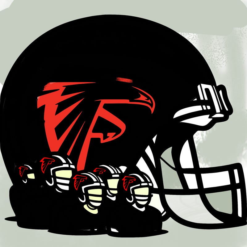 altanta falcons helmet with players in front of it