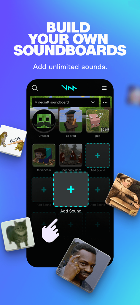 Voicemod ٩(◕‿◕｡)۶ - Interface do aplicativo móvel Voicemod mostrando um soundboard temático de Minecraft e botões para adicionar sons de meme personalizados.