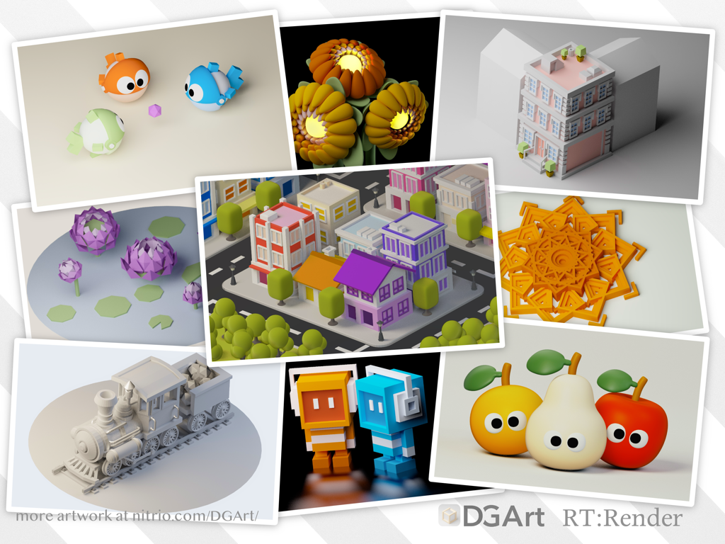 Una raccolta di modelli 3D e arte low poly creata con l'app mobile DGArt
