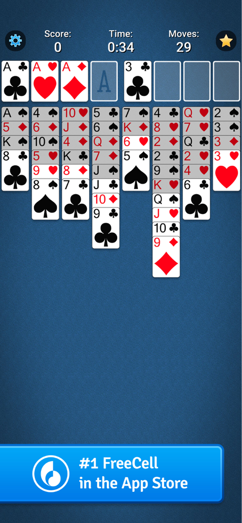 FreeCell Solitaire Card Game - Pantalla de jugabilidad del juego FreeCell Solitaire de MobilityWare mostrando cartas y estadísticas del juego