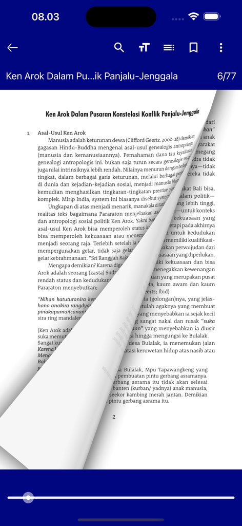 iPusnas - iPusnas app e-reader interface showing an Indonesian ebook with a page turning animation.