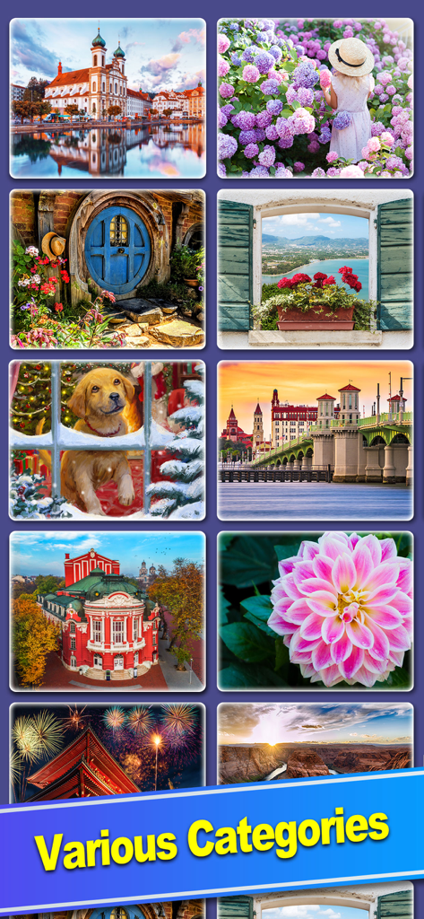ColorPlanet® Jigsaw Puzzle - A grid display of different jigsaw puzzle categories including landscapes, architecture, and animals.