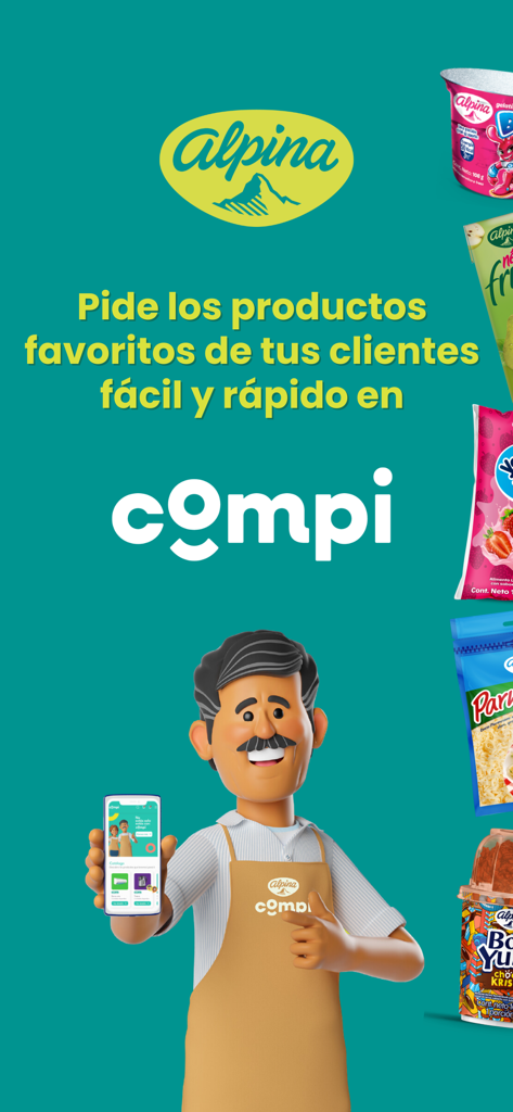Compi Alpina - Un personaje 3D de un tendero sosteniendo un smartphone con la aplicación Compi Alpina para la gestión de inventario