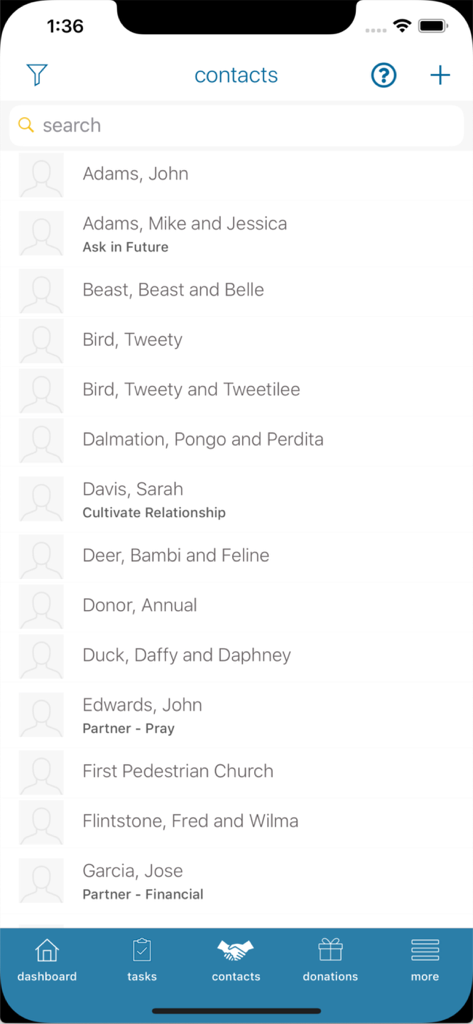 MPDX - MPDX mobile app contact list showing ministry partners and donor status
