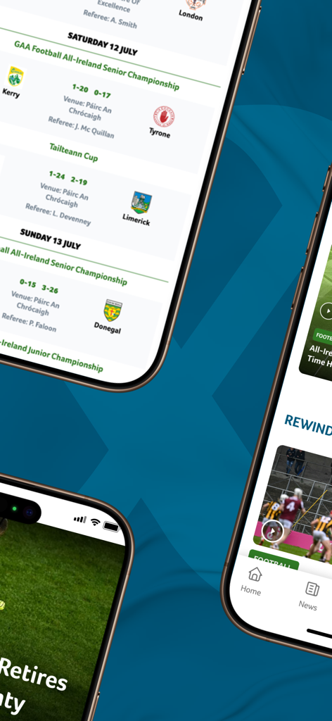 Official GAA - Official GAA app screenshots showing match scores, championship fixtures, and Gaelic sports video highlights.