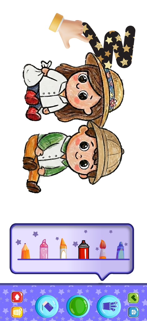 Drawing for Kids Coloring Book - Pantalla de dibujo de una aplicación de colorear para niños que muestra dos personajes y una selección de herramientas artísticas como crayones y rotuladores