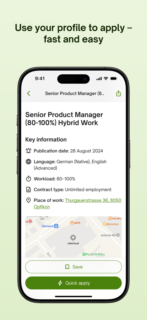 jobup.ch – Job Search - 빠른 지원 버튼이 있는 jobup.ch의 시니어 제품 관리자 채용 정보를 보여주는 모바일 화면
