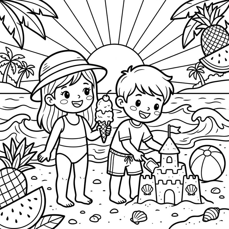 Capture the joy of a perfect summer day with this engaging coloring page featuring a brother and sister on a vibrant beach. Watch them build sandcastles, enjoy ice cream, and play amidst waves and palm trees.