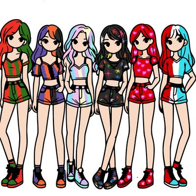 a group of girls wearing crop tops and shorts