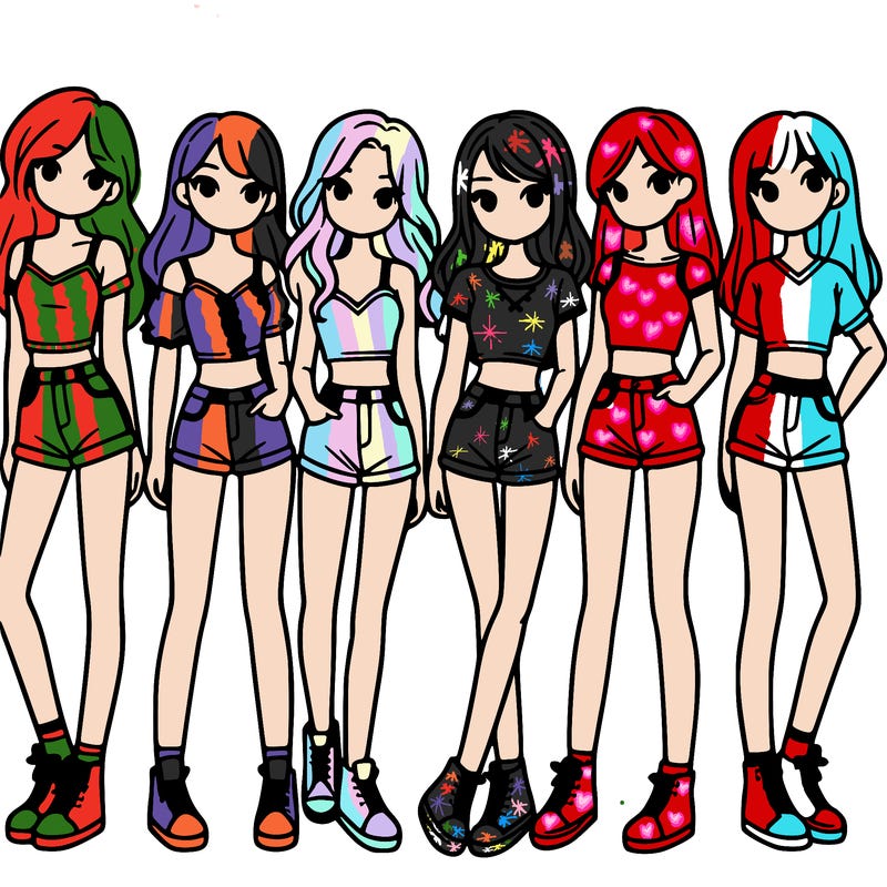 a group of girls wearing crop tops and shorts