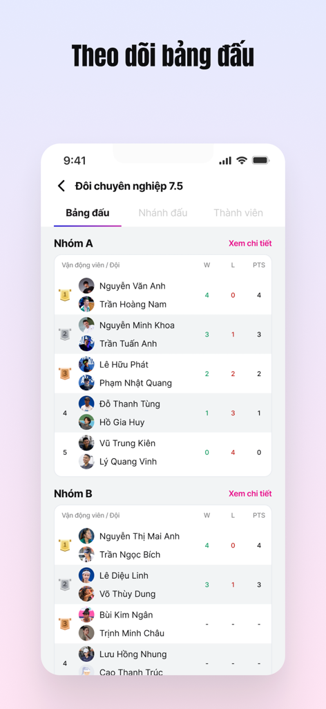 D-PICKL - D-PICKL mobile app interface showing pickleball tournament standings and player rankings for professional doubles.