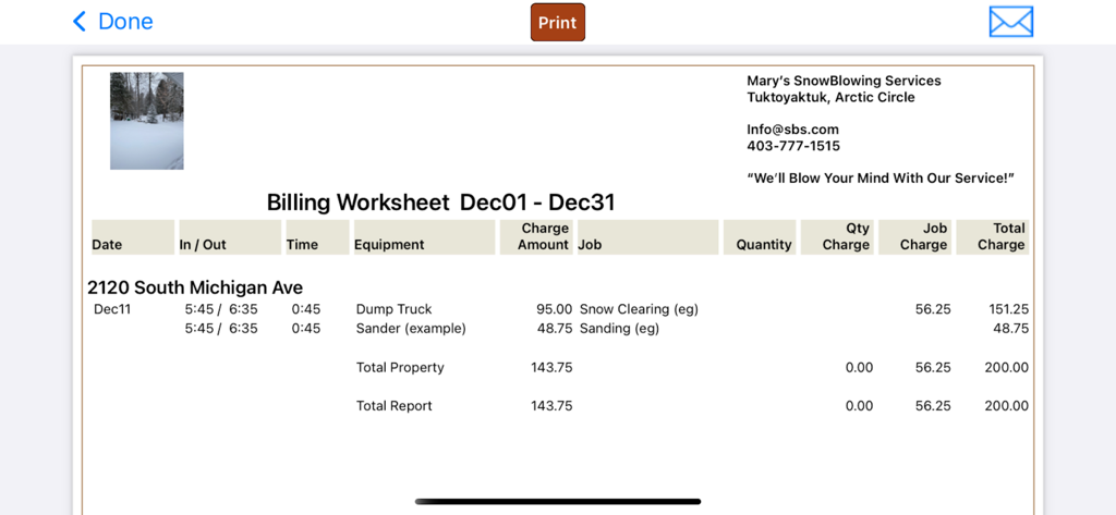 mpengo Snow - Mpengo Snow app digital billing worksheet displaying service dates equipment used and job charges