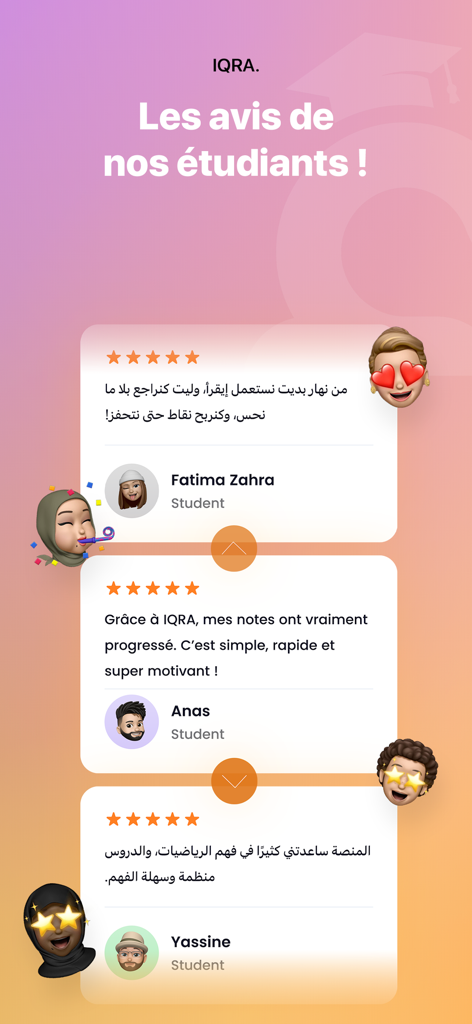 A display of positive student reviews and testimonials for the IQRA educational app