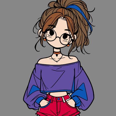 girl with a messy ponytail glasses a baggy crop top and jean shorts