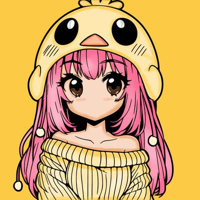 anime girl with chick shaped hat with sweater with bare shoulders with bangs covering them one eye with low tail