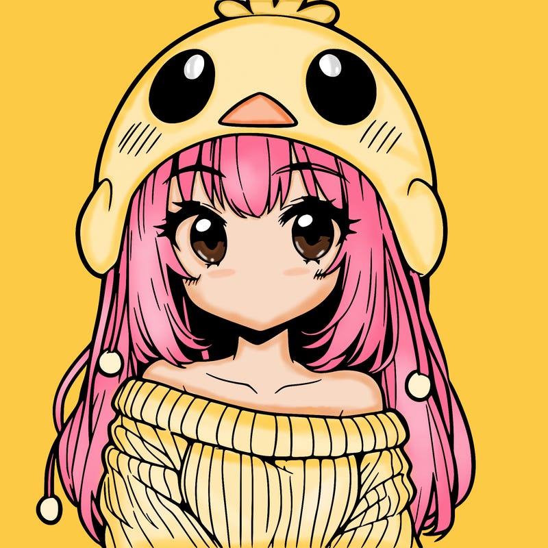anime girl with chick shaped hat with sweater with bare shoulders with bangs covering them one eye with low tail