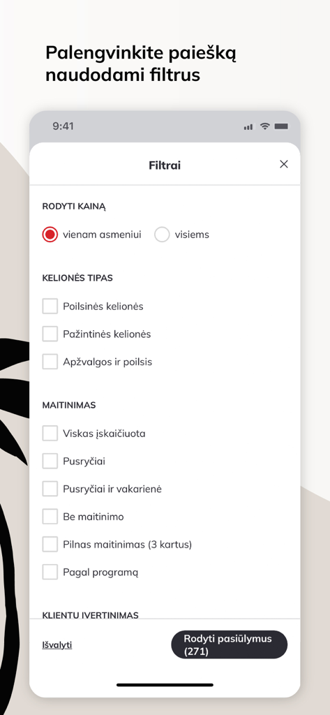 ITAKA Lietuva - Uma interface móvel da aplicação ITAKA Lietuva mostrando filtros de pesquisa para tipo de viagem e opções de catering.