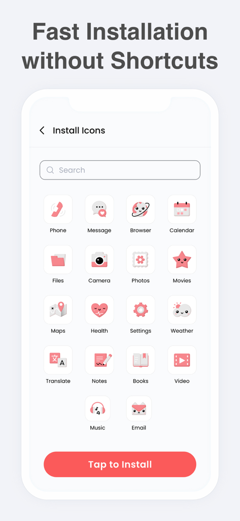 Wallpapers & Icons: Widgethub - Interface do aplicativo Widgethub mostrando um conjunto de ícones estéticos rosa e um grande botão de toque para instalar