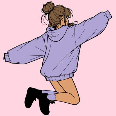 realistic girl jumping with a bun and oversized sweatshirt