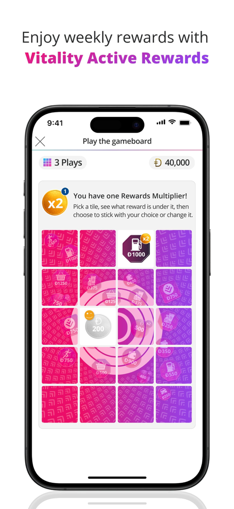 Discovery Bank app interface showing the Vitality Active Rewards gameboard
