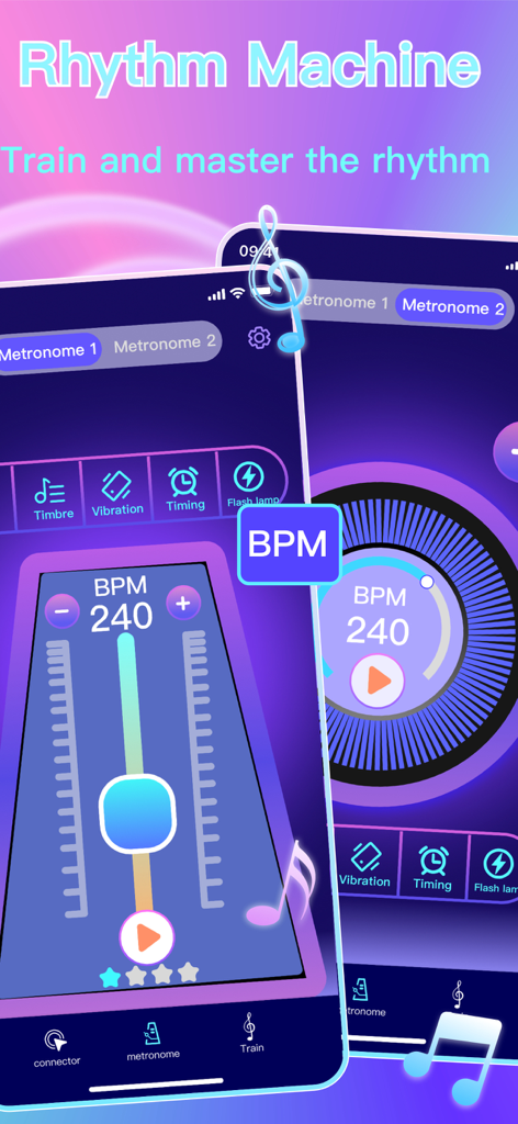 Auto Clicker - Taptap Clicker - Interfaz de la Máquina de Ritmo en la aplicación Auto Clicker que muestra un metrónomo con 240 BPM y opciones de entrenamiento.