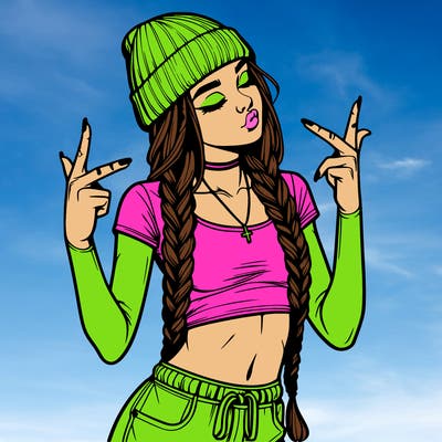 realistic teenage girl with braids and a beanie and crop top doing 🫶🏼