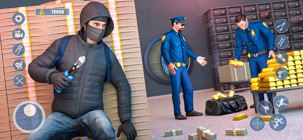Scary Robber 3D - A masked robber hides behind stacks of cash while two police officers collect gold bars in a bank vault